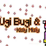 Två pixelerade figurer med tomteluva och texten Ugi Bugi & Kissy Missy på en vit bakgrund med röda snöflingor