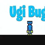 Blå texten Ugi Bugi med en blå och gul pixlad figur mot en svartvit bakgrund
