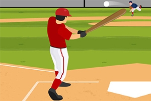 En tecknad bild av en baseballspelare i röda kläder som svingar ett slagträ, medan en kastare syns i bakgrunden