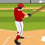 En tecknad bild av en baseballspelare i röda kläder som svingar ett slagträ, medan en kastare syns i bakgrunden