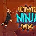 En dockliknande ninja svingar sig i en kedja bredvid titeln Ultimate Ninja Swing på en brun-orange bakgrund med sågklingor