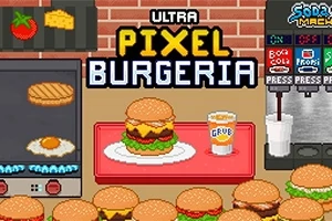 Hamburgare och dryck med pixelgrafik framför en brickvägg med texten Ultra Pixel Burgeria