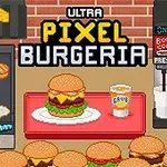 Hamburgare och dryck med pixelgrafik framför en brickvägg med texten Ultra Pixel Burgeria