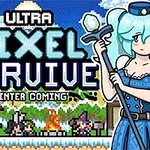 Tecknad karaktär med blått hår och klänning håller en stav, med pixelgrafik och texten Ultra Pixel Survive Winter Coming i bakgrunden
