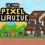 En pixelkonstscen med en landskapsvy med ett hus, ett träd, en lägereld, och bergen i bakgrunden under en solig himmel