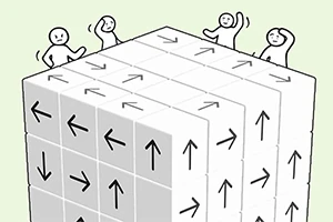 En illustration av en stor kub fylld med pilar i olika riktningar och fyra små figurer som står ovanpå