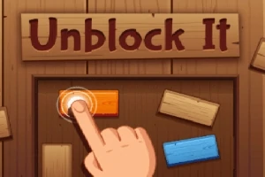 En hand pekar på en orange rektangel på en träbakgrund med texten Unblock It ovanför