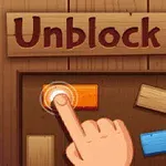 En hand pekar på en orange rektangel på en träbakgrund med texten Unblock It ovanför