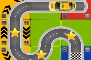 Bilspelbana med kurvig väg, gula stjärnor, och en gul taxi på färgglada plattor