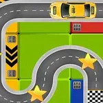 Bilspelbana med kurvig väg, gula stjärnor, och en gul taxi på färgglada plattor