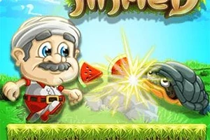 En tecknad figur med mustasch står på gräs bredvid en sköldpadda och en krossad vattenmelon på en ljus bakgrund