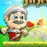 En tecknad figur med mustasch står på gräs bredvid en sköldpadda och en krossad vattenmelon på en ljus bakgrund