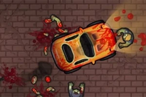 En orange bil kör över zombie-liknande figurer på en tegelstensväg, omgiven av blodstänk
