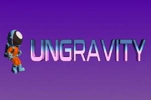 En tecknad astronaut i orange rymddräkt står bredvid texten UNGRAVITY mot en lila bakgrund