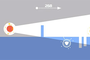 Abstrakt 2D-scen med blått vatten, grå bakgrund, vit ljuskägla, röda och vita cirklar samt blå hinder