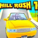 Gul bil körs av en förare på en bred väg med färgglad grafik och texten Uphill Rush 10 ovanför