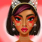 Illustration av en kvinna med kort mörkt hår, färgglad sminkning och örhängen, samt huvudaccessoar med kattöron