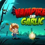 Tecknad bild med texten Vampires and Garlic och en pojke med vitlök som möter en vampyr mot en nattlig bakgrund