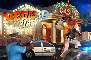 En polisman i uniform siktar sitt vapen mot en individ klädd som en Elvis-liknande karaktär med en megafon framför ett upplyst kasino i en nattlig scen i Las Vegas
