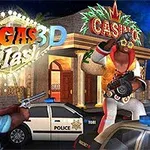 En polisman i uniform siktar sitt vapen mot en individ klädd som en Elvis-liknande karaktär med en megafon framför ett upplyst kasino i en nattlig scen i Las Vegas