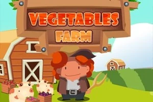 Tecknad bonde med högaffel framför en lada och grisar, med texten Vegetables Farm ovanför