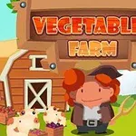 Tecknad bonde med högaffel framför en lada och grisar, med texten Vegetables Farm ovanför