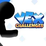 Silhuett av en löpande figur mot en blå bakgrund med texten Vex Challenges