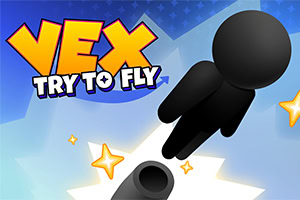 Färgglad grafik med texten VEX TRY TO FLY, en svart figur i luften och en kanon mot blå himmel med stjärnor