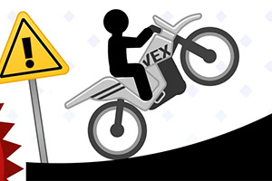En silhuett av en person som kör en motorcykel med texten VEX nära en varningsskylt