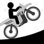En silhuett av en person som kör en motorcykel med texten VEX nära en varningsskylt