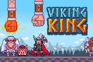 En pixelgrafikbild med en viking, stora nävar, en gris och texten Viking King mot en bakgrund av berg