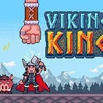 En pixelgrafikbild med en viking, stora nävar, en gris och texten Viking King mot en bakgrund av berg