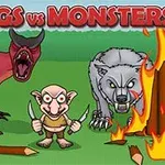 Röd demon, arg varg och liten figur med knivar omgiven av eldslågor