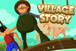 En tecknad illustration av en man med mustasch som bär overall och hatt, en pojke i röd t-shirt, och ett får som går över en träbro, med orden Village Story i bakgrunden