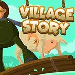 En tecknad illustration av en man med mustasch som bär overall och hatt, en pojke i röd t-shirt, och ett får som går över en träbro, med orden Village Story i bakgrunden