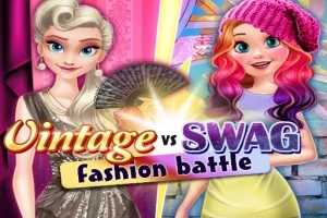 Två tecknade karaktärer står mot varandra i en modeutmaning, en klädd i vintage-stil och den andra i modern swag stil, med texten Vintage vs Swag fashion battle i förgrunden