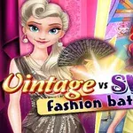 Två tecknade karaktärer står mot varandra i en modeutmaning, en klädd i vintage-stil och den andra i modern swag stil, med texten Vintage vs Swag fashion battle i förgrunden