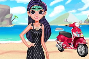 Tecknad flicka med lila hår och prickig klänning står på en strand med en röd scooter i bakgrunden