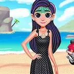 Tecknad flicka med lila hår och prickig klänning står på en strand med en röd scooter i bakgrunden