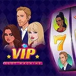 Illustration av en spelautomat med tre nummer sju, porträtt av tecknade figurer och en VIP-logotyp