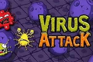 Tecknade virusfigurer i olika färger omgivna av lila stenar med texten Virus Attack