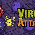 Tecknade virusfigurer i olika färger omgivna av lila stenar med texten Virus Attack