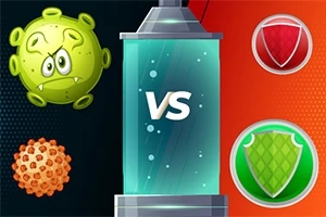 Ett tecknat virus och två sköldar med en VS i mitten