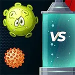 Ett tecknat virus och två sköldar med en VS i mitten