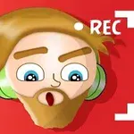 Tecknad figur med brunt hår och skägg, stora blå ögon och gröna hörlurar mot en röd bakgrund med REC-symbol