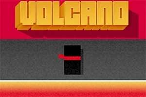 Texten VOLCANO i stora blockbokstäver över ett stiliserat landskap med en svart fyrkant och röda detaljer