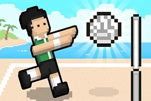 Pixlad figur som spelar volleyboll vid stranden med nät och boll i luften