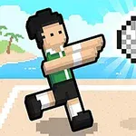 Pixlad figur som spelar volleyboll vid stranden med nät och boll i luften
