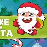 Tecknad tomte i röd dräkt med vit skägg, omgiven av gröna grankvistar och godiskäppar, med texten Wake the Santa