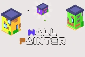 Färgglada, blockiga byggnader omger texten Wall Painter på en ljus bakgrund